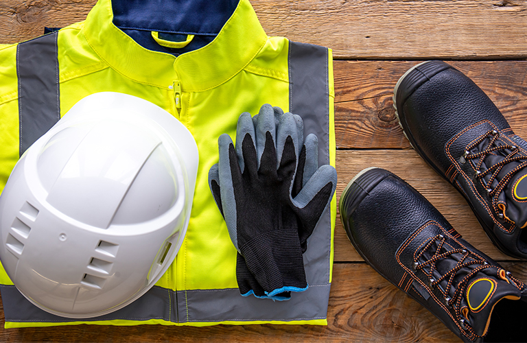 workwear, hi-vis-vest, work gloves, reflective bomber jacket, hard hat