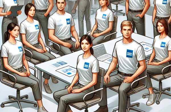 Image of a diverse group of 10 professionals, including 3 women and 7 men, in a modern office setting, all wearing similar styled t-shirts with a small company logo on the left chest, exemplifying unity and professionalism in workplace attire.